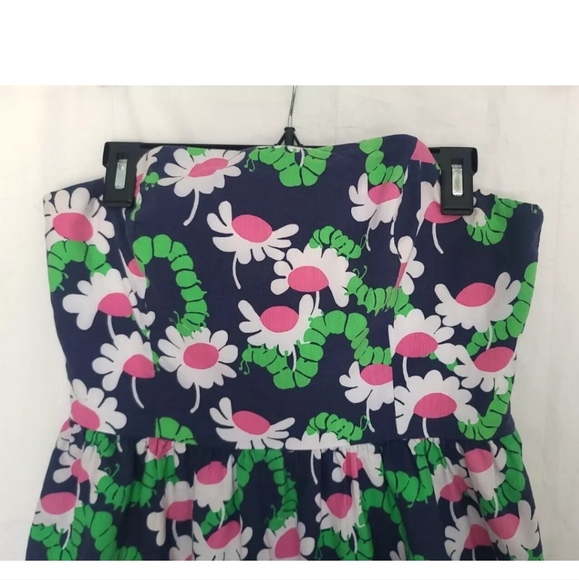Lilly Pulitzer Lottie Navy Yum Yum Floral Vintage Slub Strapless Dress US 10 - Picture 2 of 8